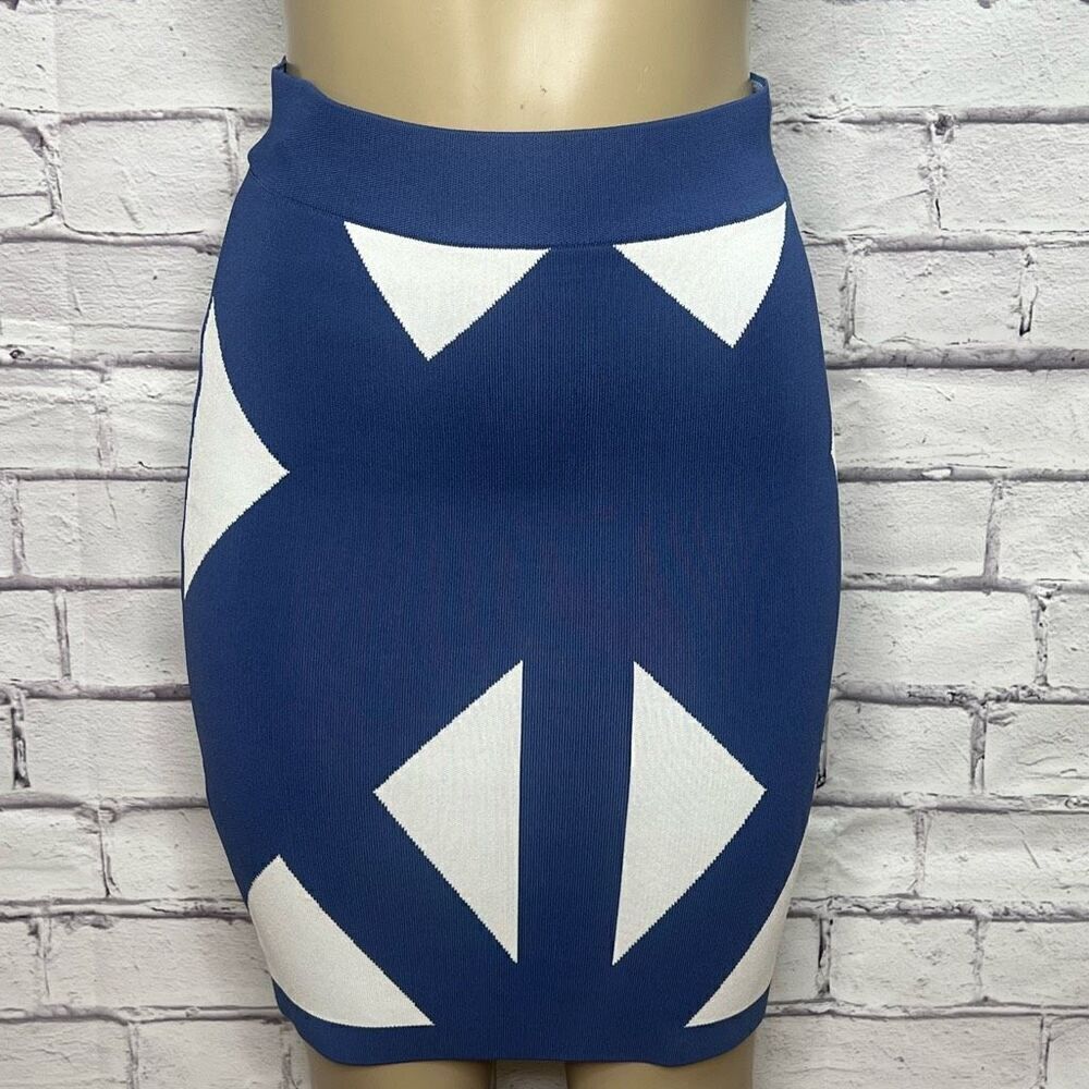BCBGMAXAZRIA Women Blue White Natalee Geometric Jacquard Pencil Skirt Size Small